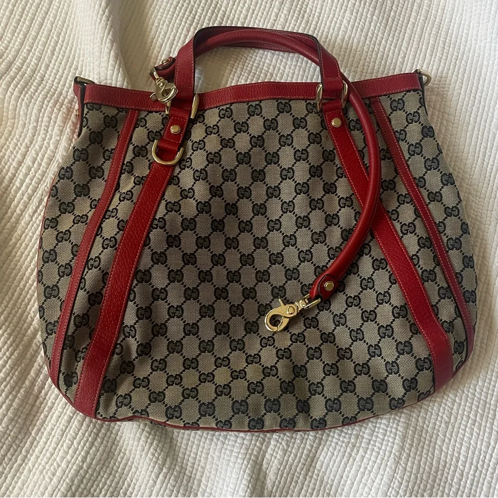 GUCCI Red & Blue GG Canvas and Leather Abbey Two Way Hobo Bag